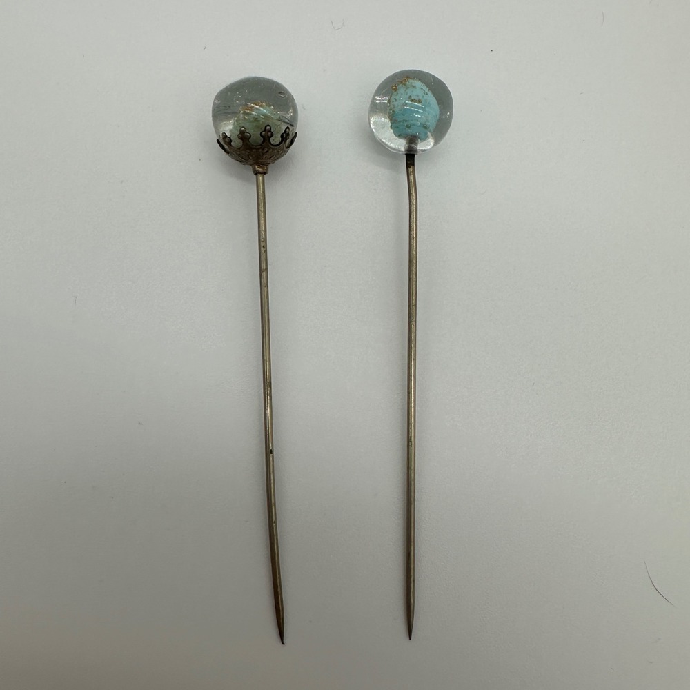 Vintage Art Glass Stick Pins Hat Pins Aqua Blue Gold Foil Filigree Crown Set 2